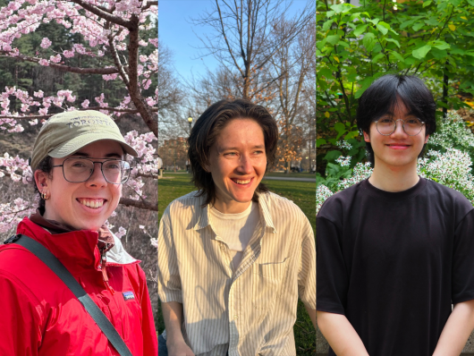 Three head shots beside each other: Martin Henry, a person wearing glasses, a baseball cap, and a red windbreaker standing in front of a blooming cherry tree, smiling broadly; a smiling person with medium-length brown hair standing in front of barren trees in a park wearing a striped shirt over a white T-shirt; a person with short black hair and glasses standing smiling in front of vibrant green shrubbery dress in a black T-shirt.
